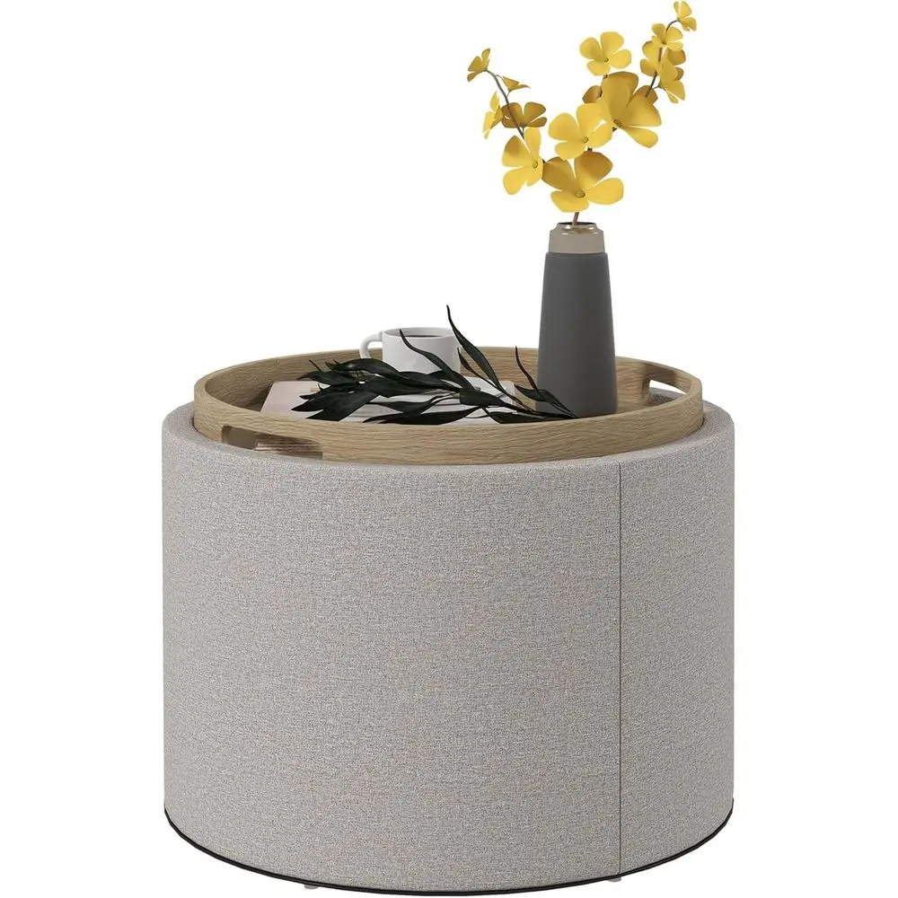 

Round Storage Ottoman with lip Top Tray, Upholstered abric oot Stool, Small Coee Table with Hidden Comparent, Accent Vanity Stoo