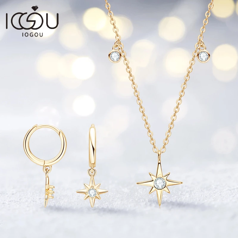 IOGOU Gold Plated 3MM Moissanite Star Pendant Necklaces Drop Earrings 925 Sterling Silver Jewelry Sets for Women Birthday Gifts