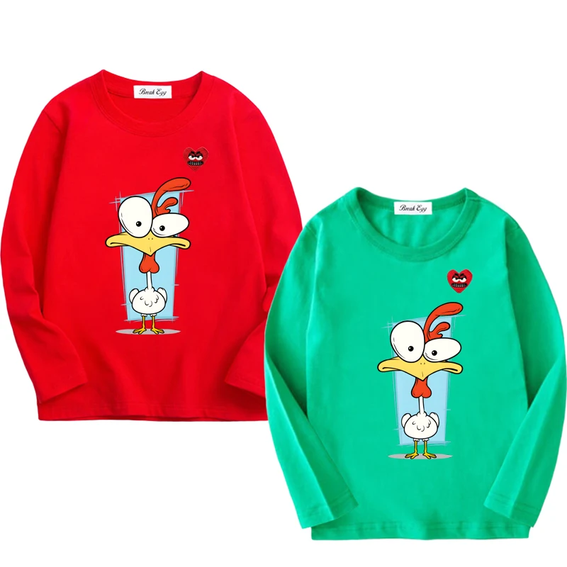 Duckling Printing Boy Girl T-shirt Cotton Cartoon Red Snag Heart Embroidery O-neck Long Sleeved Straight Summer T-shirt