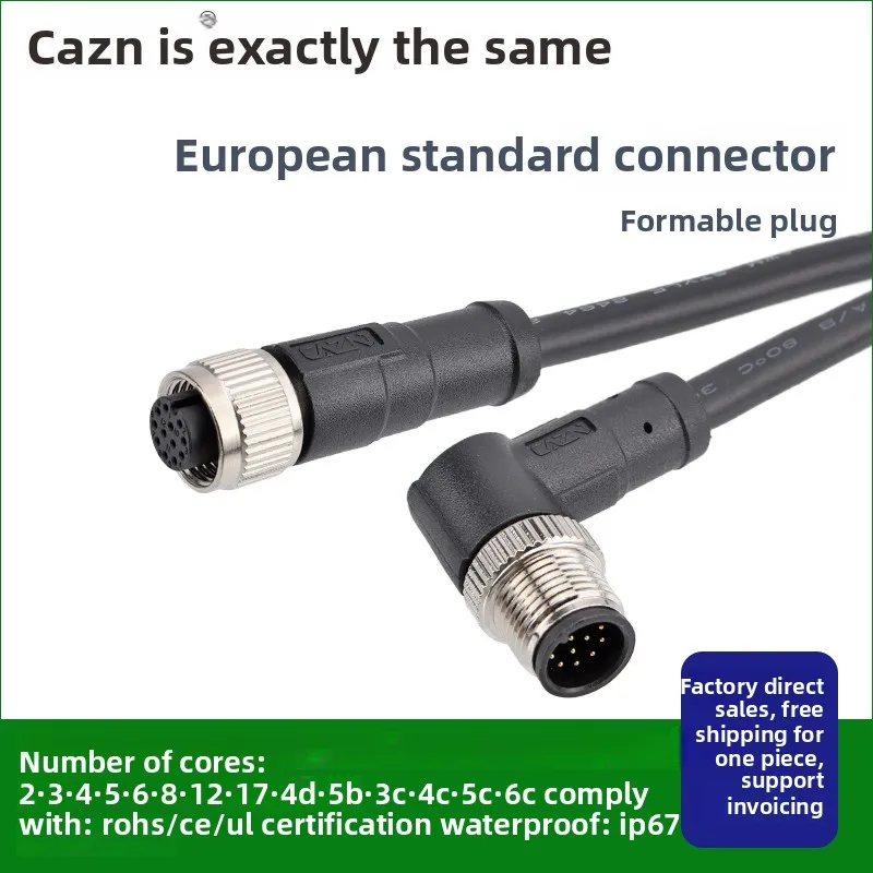 M12 codo recto formado sin blindaje 3P4 Pin 5 orificios 8PIN17 núcleo IP67 conector impermeable arnés de cables 1 2 5M