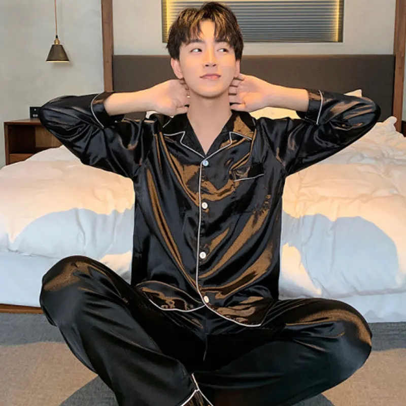 Lapel Long-Sleeved Cardigan Pajamas Men Korean Black Ice Silk Youth Casual Men\'s Silk Home Wear Students Pajamas Young Boys