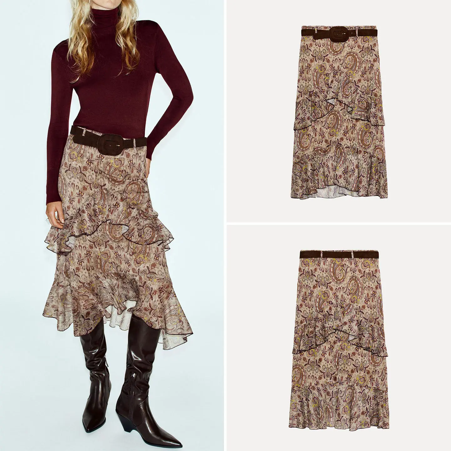 Women's Midi Skirt 2026 New Autumn Fashion with Belted Layered Decorative Floral Print Standard Fit Ladies mid Waist Skirt