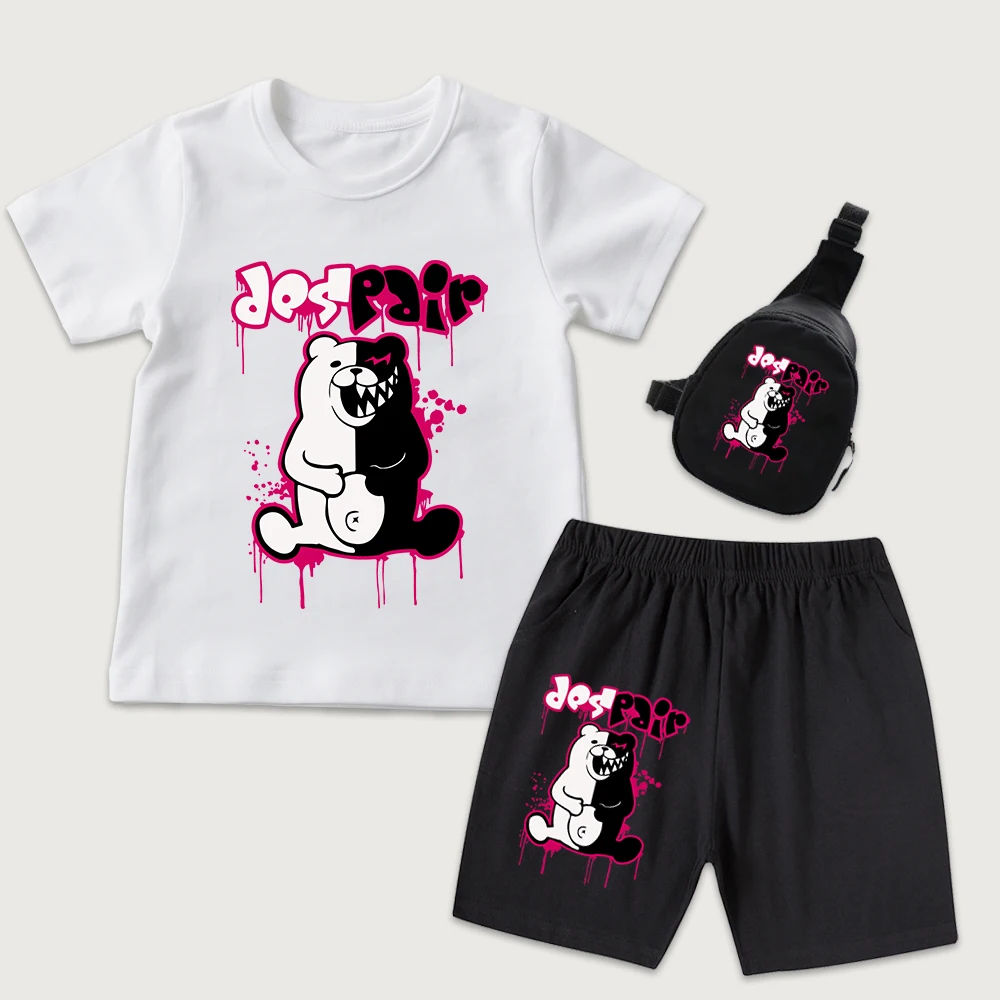 Danganronpa Monokuma Despair Anime Print Boys Girls Kids Clothes Cotton T Shirt and Shorts with Mini Chest Bag 3 Piece Set