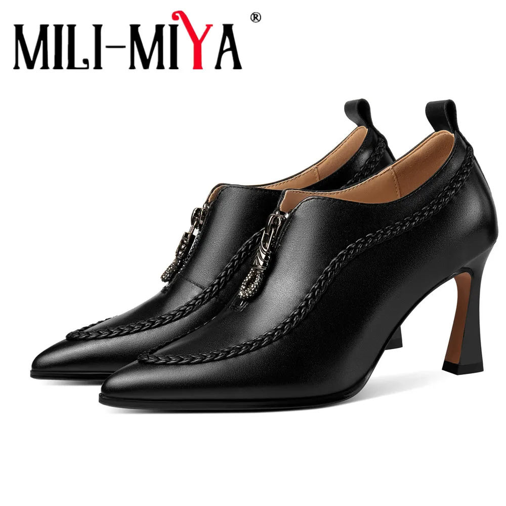MILI-MIYA Women's Fashion Pointed-Toe Full Genuine Leather High-Heel Shoes Extra-Tall Chunky Heel With Centre Zipper Solid-Colou
