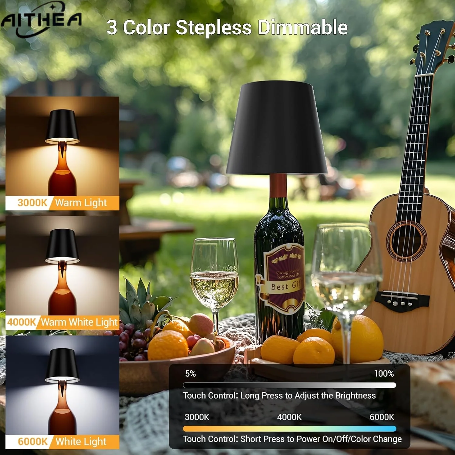 AITHEA Wireless LED Wine Bottle Light Rechargeable Vases Table Lamp Touch Switch Night Light for Cafe Bar Club Restaurant Decor