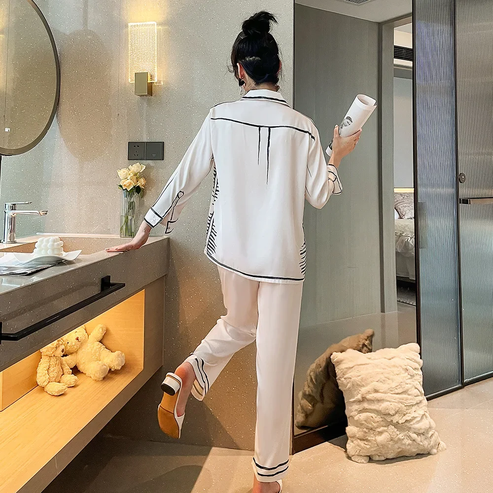 Ice Silk Long-sleeved New Pajamas Set for Women Sketch Black White Casual Sleepwear Autumn and Winter Homewear Service Suit