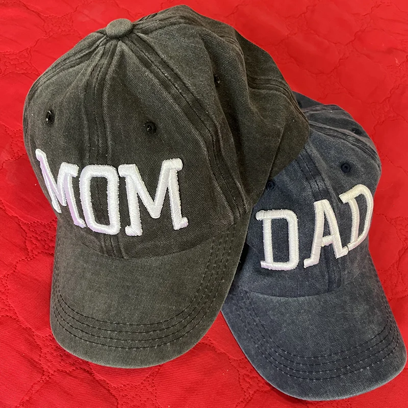 Qisin MOM And DAD Baseball Cap Fishing Caps Men Outdoor Women Washed And Worn Pregnancy Announcement Hats 3D Embroidery