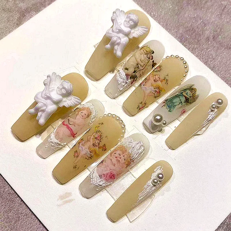 

Baroque Angel Design Handmade False Nails Press On Nail Long Coffin Fake Nail With Glue Customized Reusable Nail Salon Tip Art