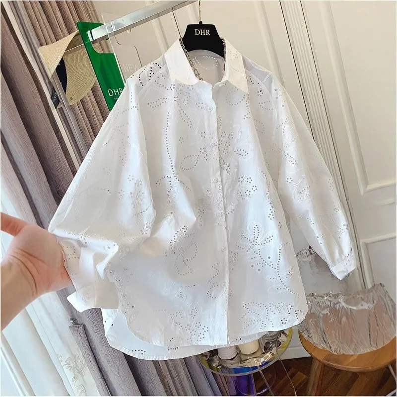 

plus Size Women's Embroidered Hollow out Long Sve irt Korean Sle Loose Fit Mid-Length Faionable Office Wear