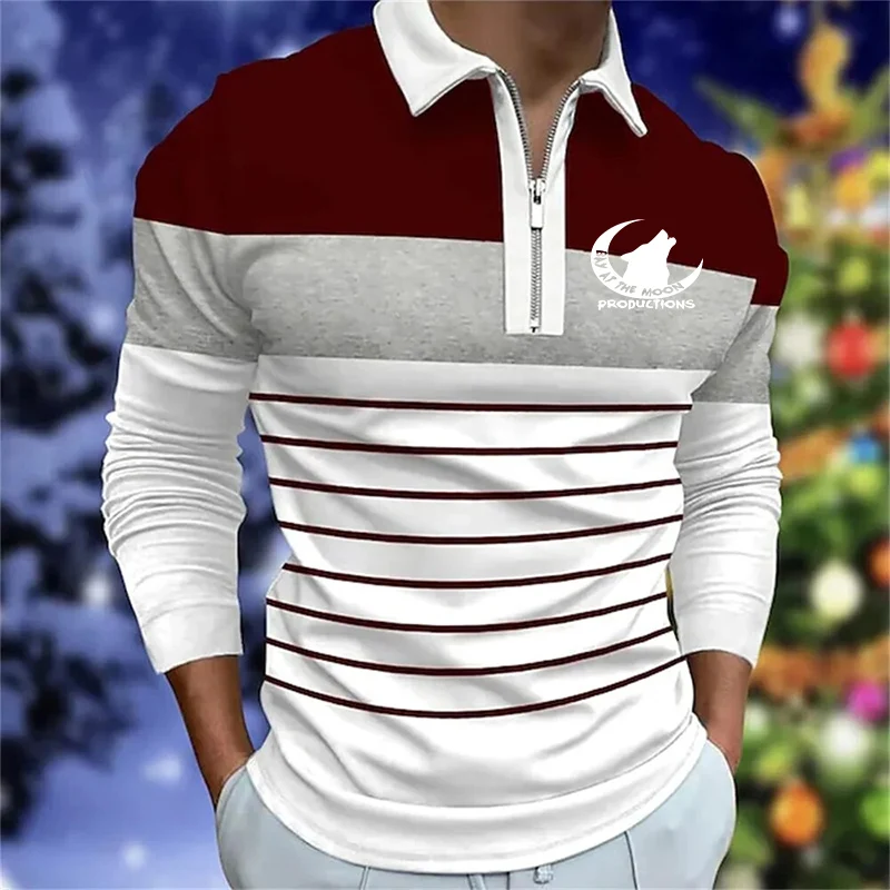 Color Block Striped Lapel Half Zip Long Sleeve Polo Shirts Minimal Embroidery Daily Casual Tops