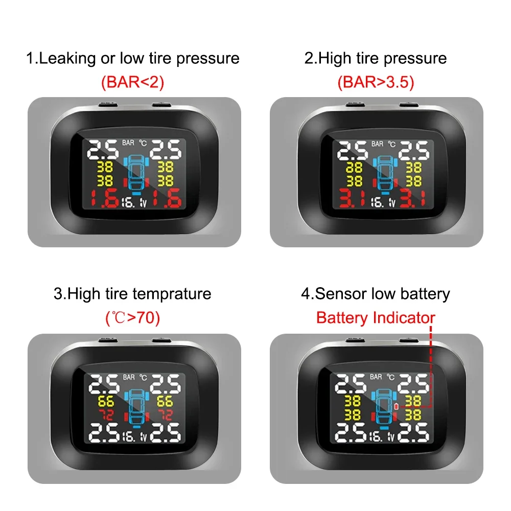 USB TPMS พร้อม 4 ชิ้นเซ็นเซอร์ภายนอกจอแสดงผล LCD ไร้สายระบบเตือนภัยอัตโนมัติระบบตรวจสอบความดันยางรถยนต์ขนาดเล็ก