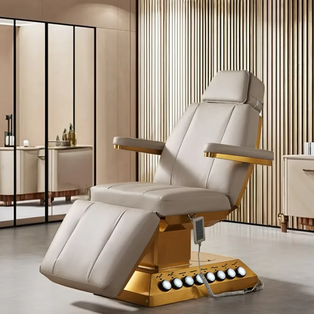 

Electric Massage Bed Gold Stainless Steel Base with Foot Control 3/4 Motor Beauty Spa Facial Bed Massage Bed for Beauty Salon