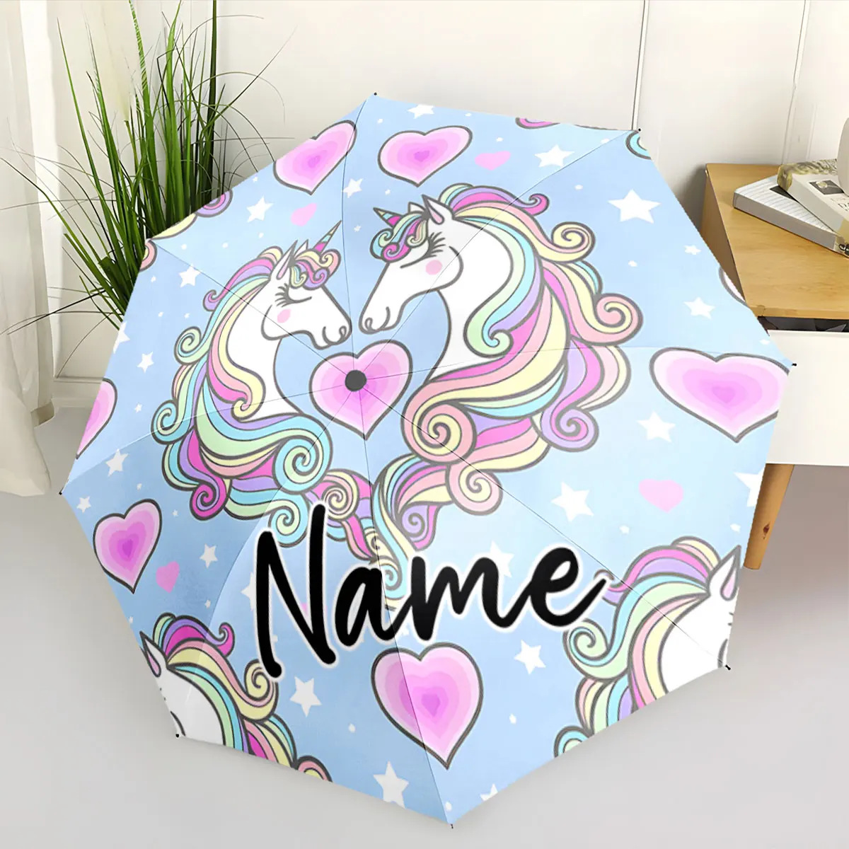 Custom Name Whimsical Unicorn Umbrella with Heart Designs Print 8 Iron Ribs Folding Umbrella Auto-Open Fashion Sunshade