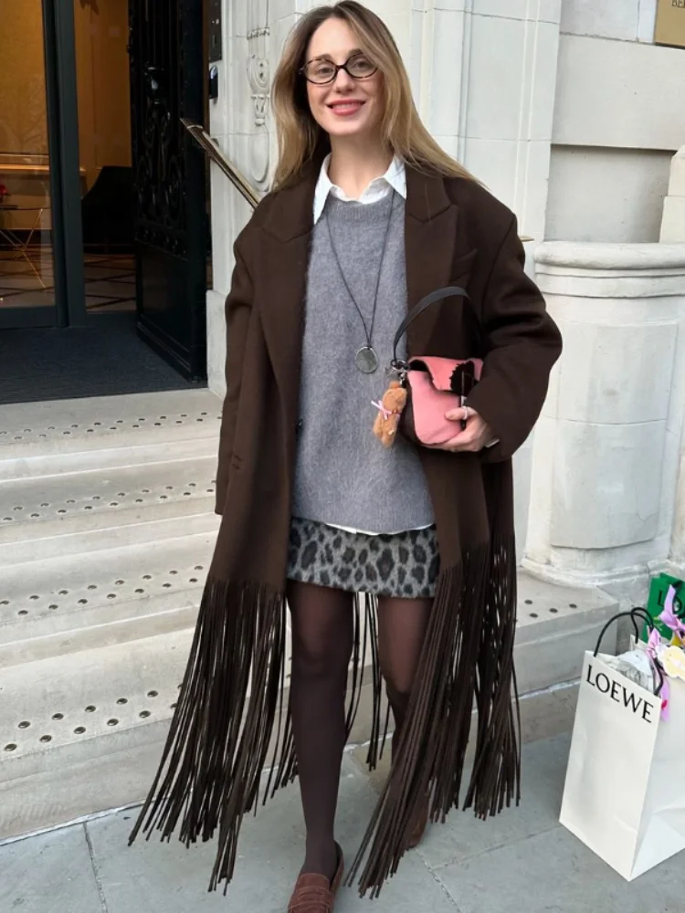 

2026 Spring and Autumn New Women's Brown Casual Collar Long Sleeve Women's Fashion Tassel Hemp Women's Coat