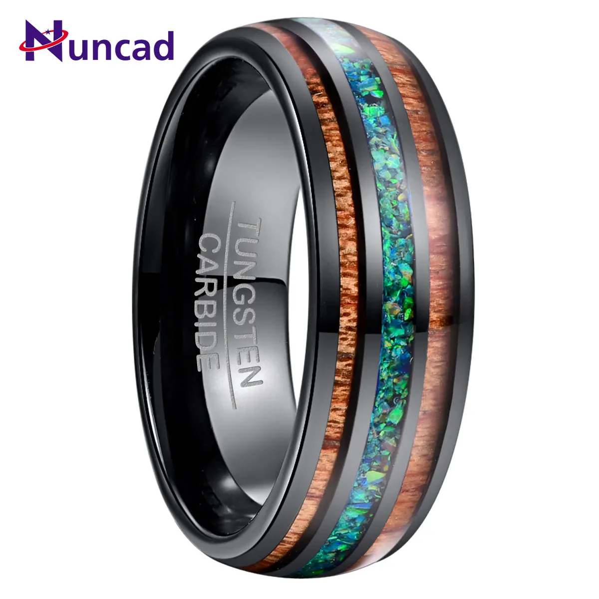 Nuncad Comfort Fit 8mm Natural Acacia Wood Ring with Letter  I Love You Green Opal Tungsten Carbide Ring For Men Name