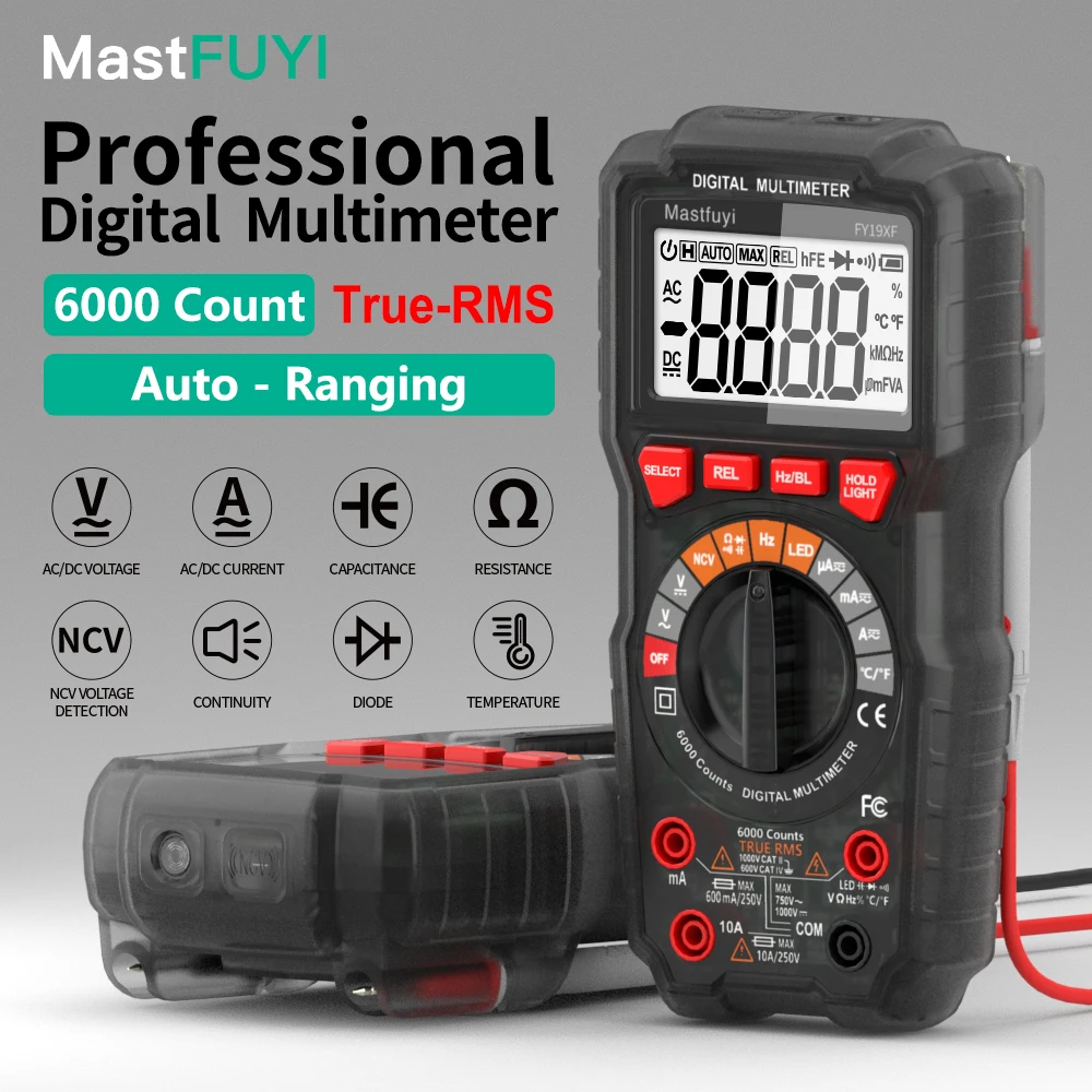 

MASTFUYI Smart Digital Multimeter 6000 Counts True RMS Professional Tester Ohm Frequency Capacitance Measurement NCV Detection