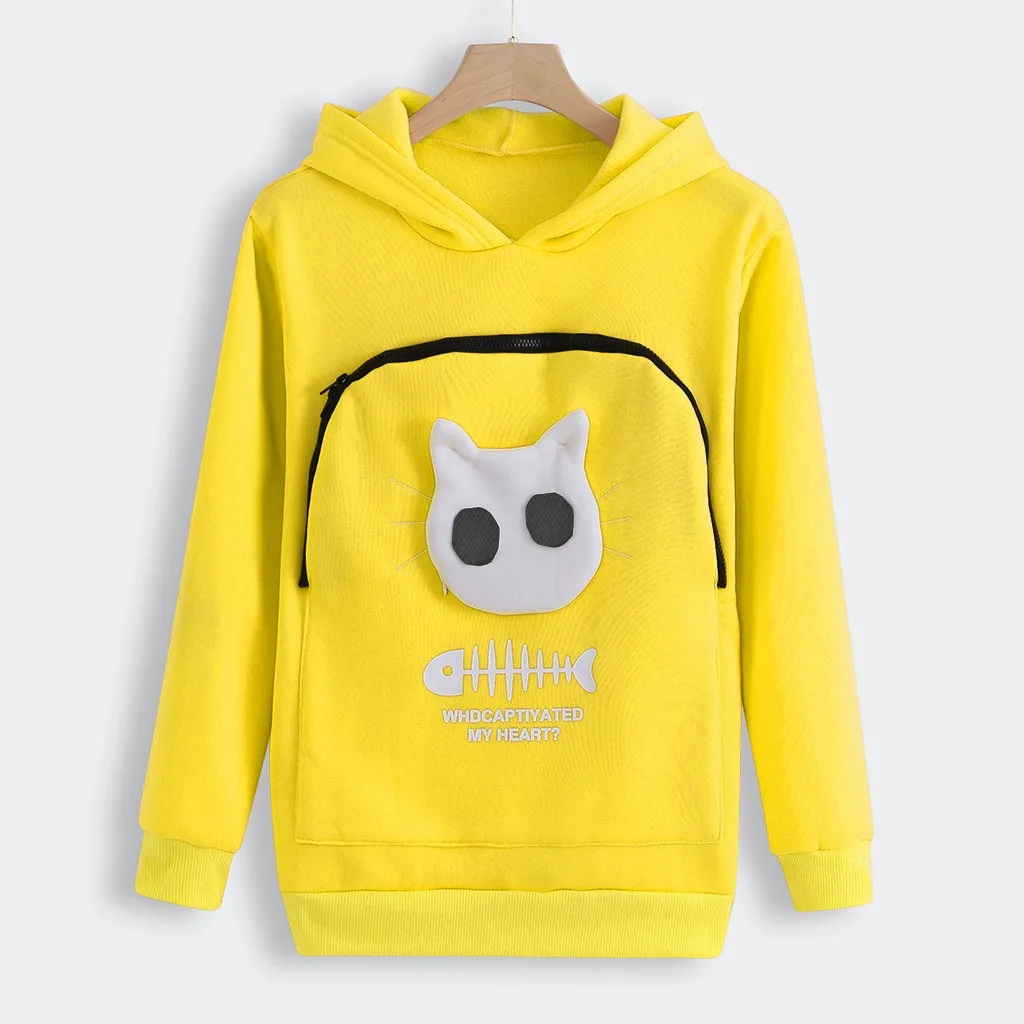 Women's Cute Cat Animal Big Pocket Sweatshirt Solid Colour Loose Large Size Hooded Sweatshirt Breathable Pocket Animal Hoodies