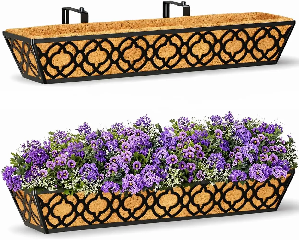 

2 Pack 30 Inch Railing Planter Box with Coco Liner, Adjustable Metal Window Box for Balcony Deck Fence, Black