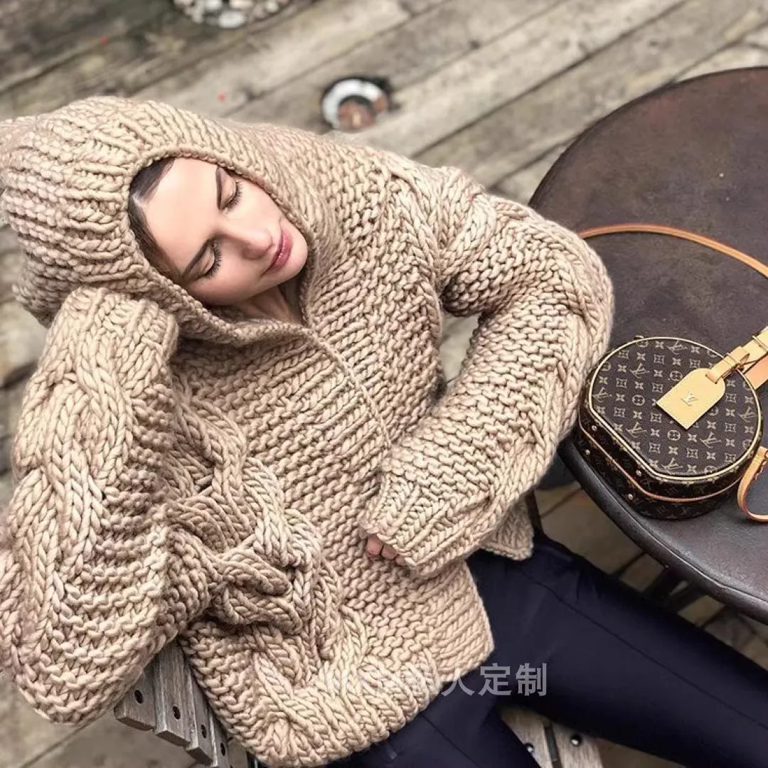 Women\'s Pure Wool Cardigan Hooded Jacket Thick and Loose Handmade Knitted Jac, Suitable for Autumn and Winter 2024 New tops