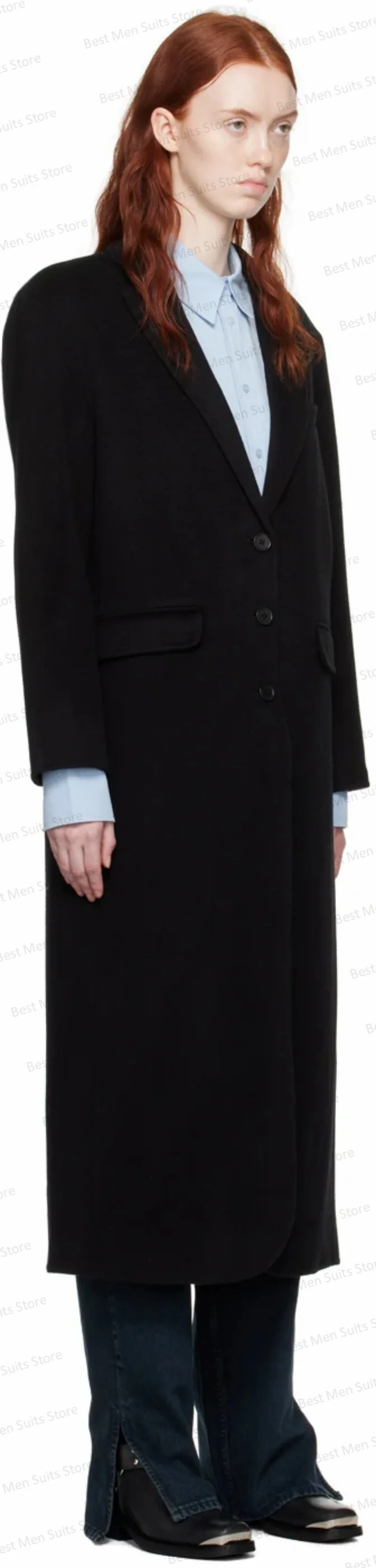 Black Woolen Women Suits Blazer Long Overcoat Jacket Formal Winter Thick Cashmere Single Breasted Custom Made Prom Dress