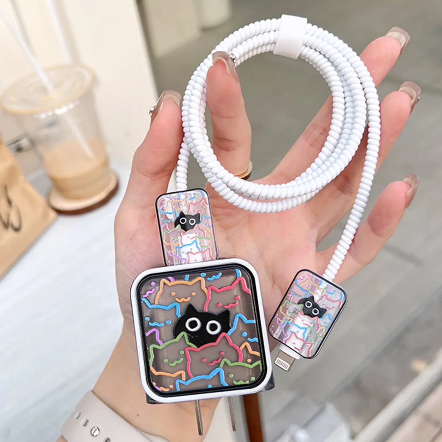 Cute Line Cat Charger Cable Protector For 18/20W iphone 15 Pro Max,Charger Protective Cover Case USB Dustproof Date Cable Winder