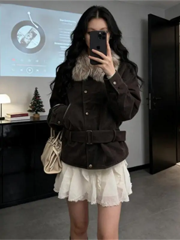 

Зимний модный корейский комплект: уникальное красивое пальто в холодных тонах с длинными рукавами, винтажное, с отложным воротником и пуговицами