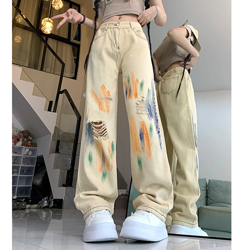 Soft Womens Tie-Dye Cargo Jeans Ripped Tassel Holes Hollow Out High Waist Wide Leg Y2K Baggy Denim Casual Pants Khaki Jeans