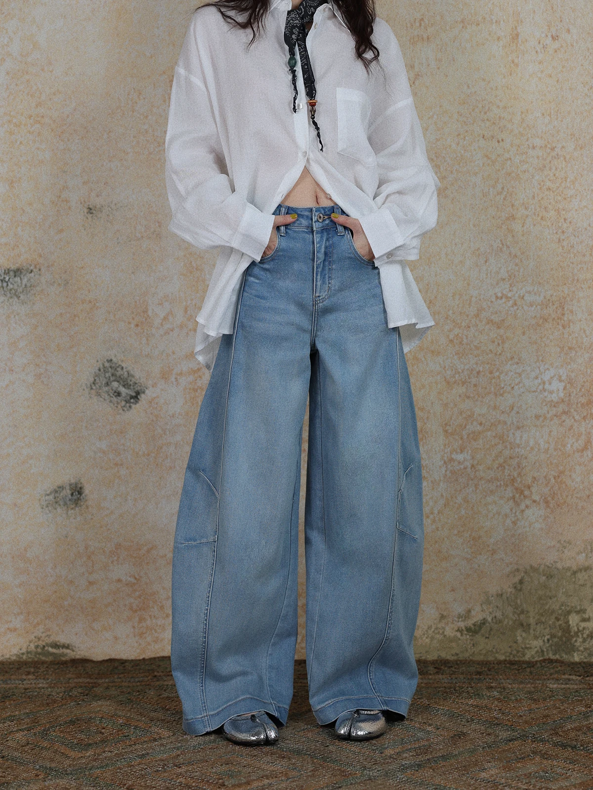 

DR Women's Wide Leg Jeans Spring Summer Washed Draping Knife Design Casual Cotton Pants Female Fashion Trend