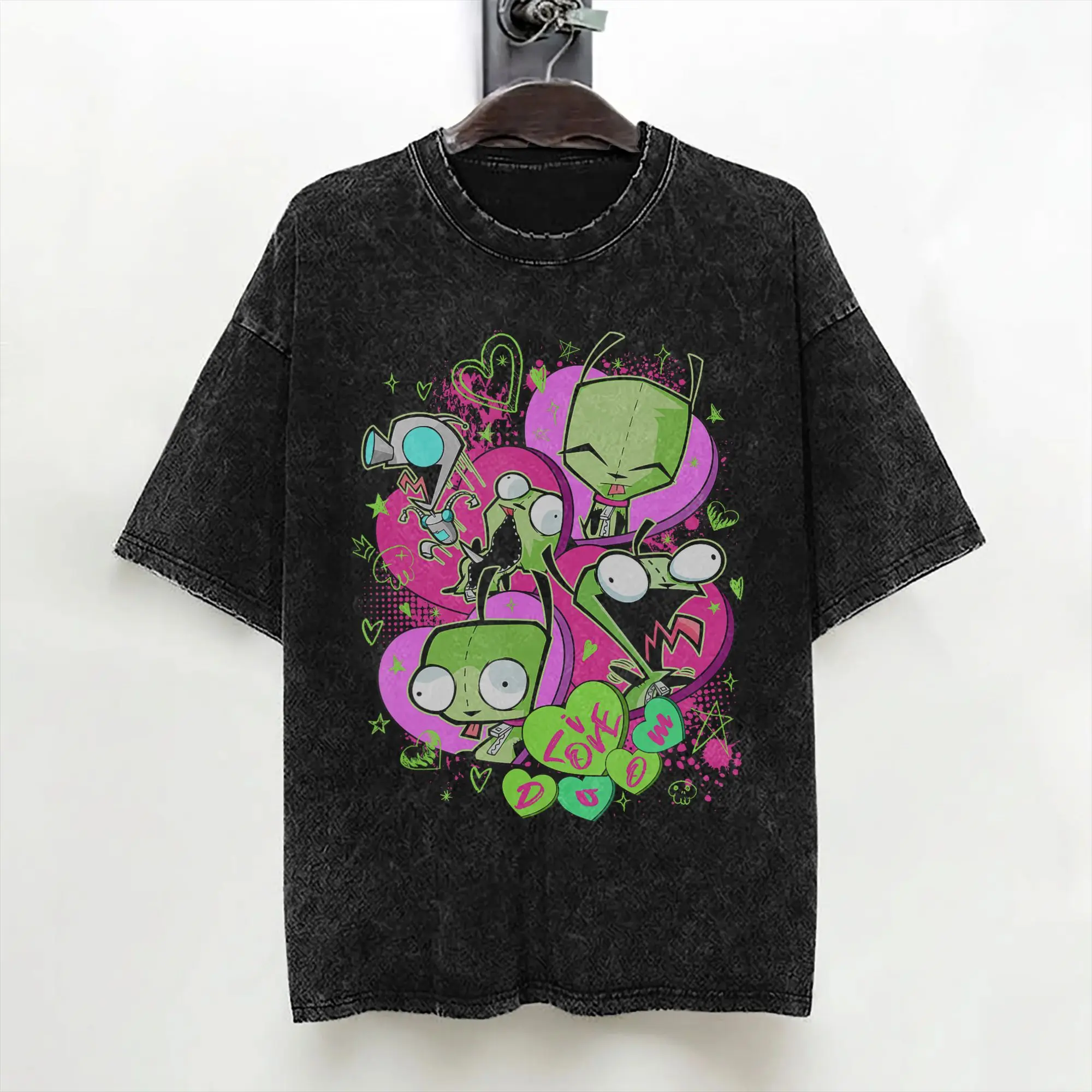 Invaders Zim Valentine's Day Gir Washed T Shirt Streetwear Vintage T-Shirts Tee Shirt for Men Women 100% Cotton