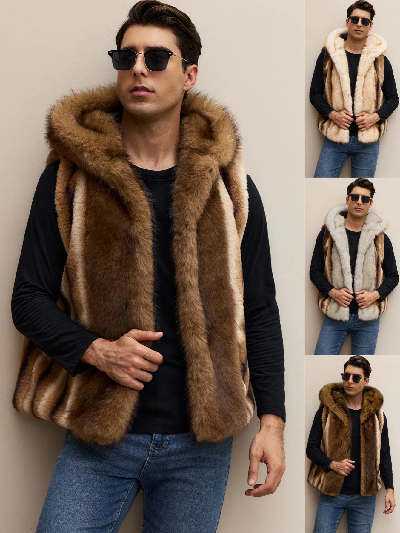 Men's Hooded Faux Fur Vest Autumn Winter Top Printed Warm Casual Jacket for Men