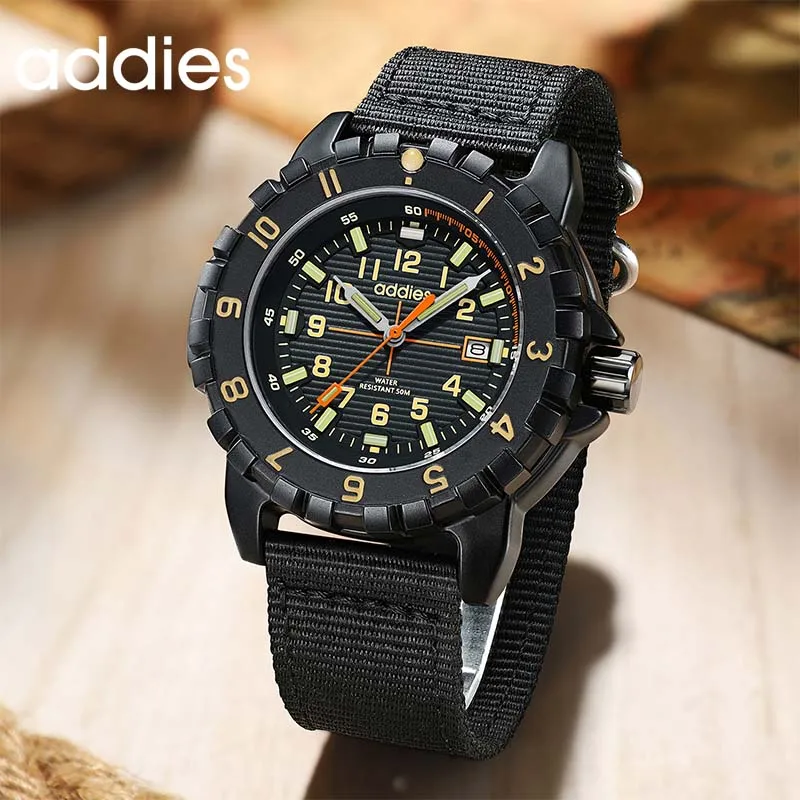 ADDIES Herren-Outdoor-Modeuhr, 25 cm Nylonarmband, 50 m Wasserbeständigkeit, leuchtende Röhrenanzeige, sportliche Quarzuhr mit Kalender
