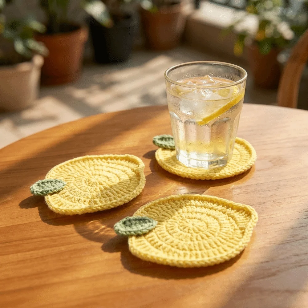 3PCS Heat-insulating Hand-crocheted Lemon Coasters Non-Slip Handmade Cup Mats Polyester Fruit-themed Drink Mats Living Room