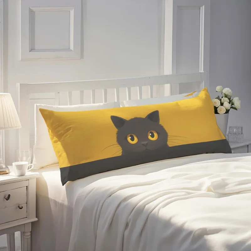 1pc Chic Yellow & Black Cat Design Long Pillow Cover, 19.69inch x 59.06inch - Ultra-Soft Polyester, Zippered, Machine Washable -