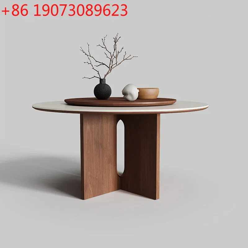 Travertine Slate Solid Wood Dining Table Household Modern Simple Walnut Round Table French Retro Round Dining Table