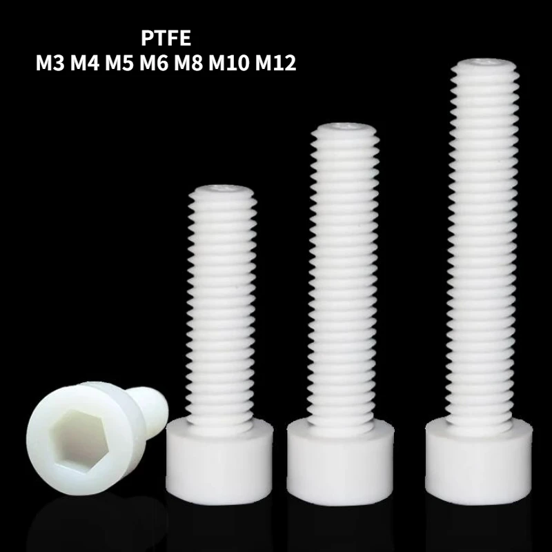2/5pcs M3 M4 M5 M6 M8 M10 M12 High Temperature Resistant PTFE Cylindrical Hexagonal Cup Head Teflon Screw