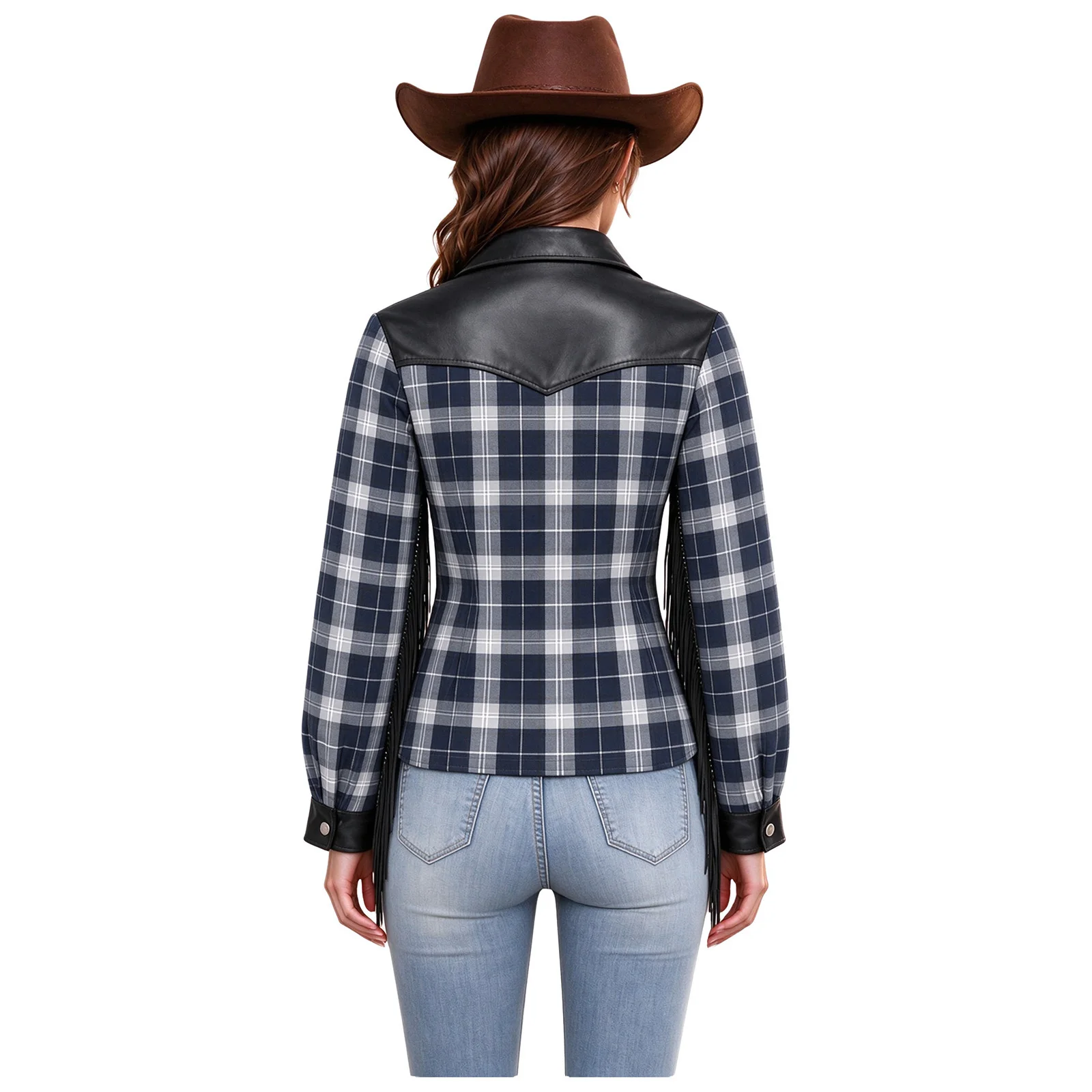 Women Fringed Plaid Western Cowgirl Shirts Long Sleeve Faux Leather Patchwork Buttoned Shirts Top for Party Club Country Concert