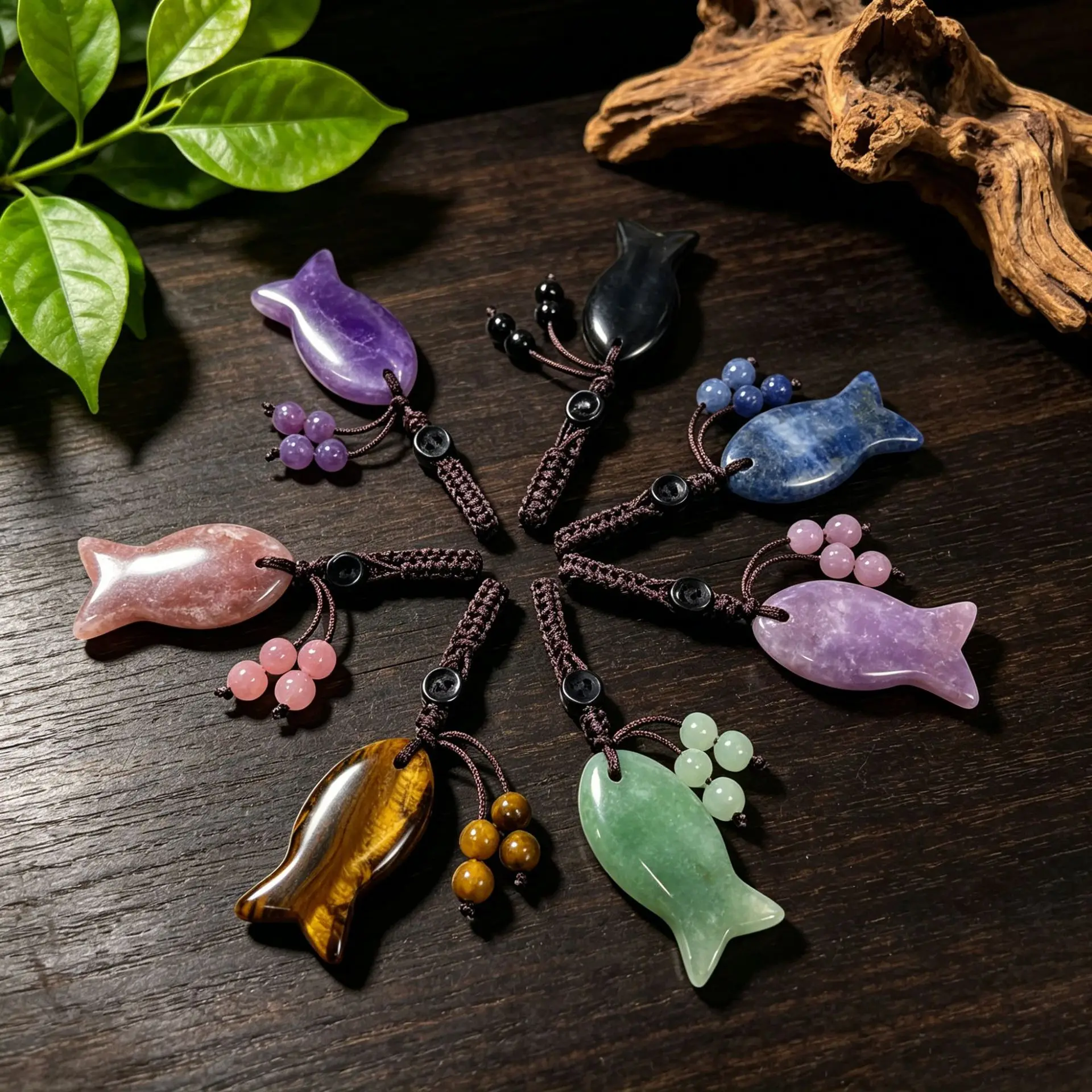 1pc Natural Stone Fish Shape Keychains Pendant Amethyst Black Agate Crystal Cute Bag Wallet Decor Accessories Jewelry Gifts