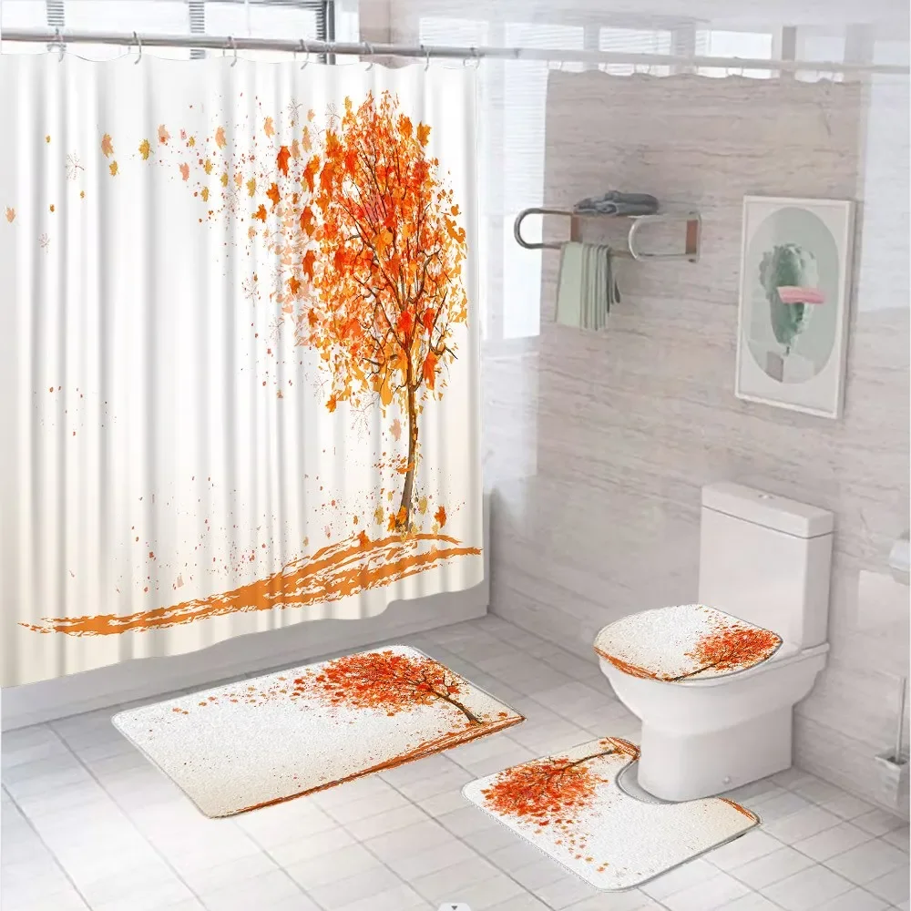 Yellow Maple Tree Leaves Shower Curtain Sets Autumn Thanksgiving Harvest Pumpkin Corn Scenery Bathroom Decor Bath Mat Rug Cover