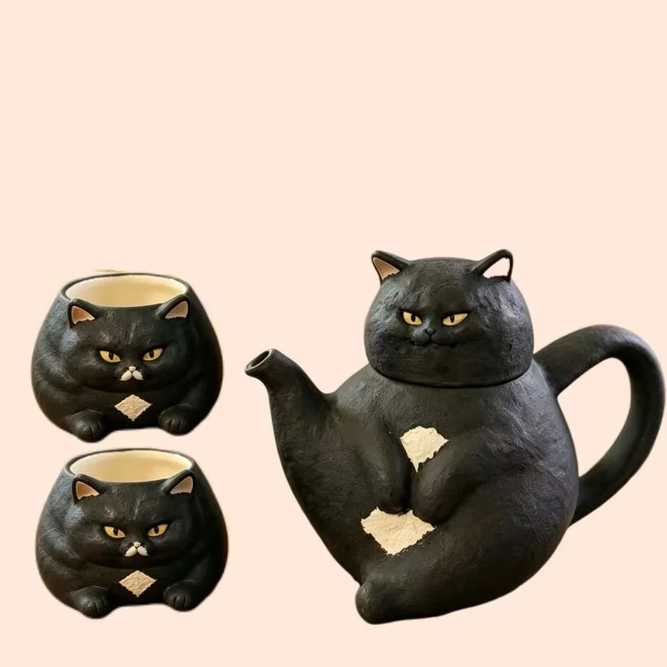 Cute Black Cat Teapot & 2 Cups Set, Funny Ceramic Tea Set for Home Decor, Unique Kitten Design Gift for Cat Lovers