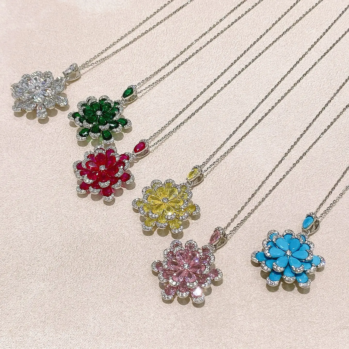 KQDANCE 925 Silver Lab Grown Pink White Green Blue Red Ruby Carbon Diamond Lotus Flower Necklace Luxury Fine Jewelry For Women