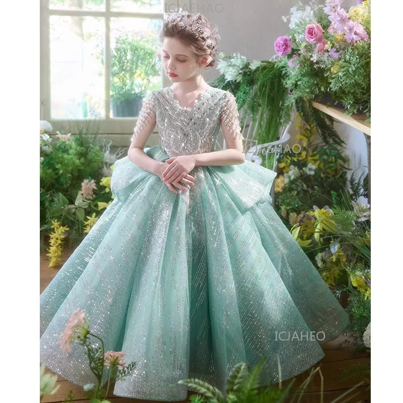 High-end Luxury Flower Wedding Host Piano Performance Dress Catwalk Girl Girl Evening Gown Ten Years Old Birthday Princess Dress