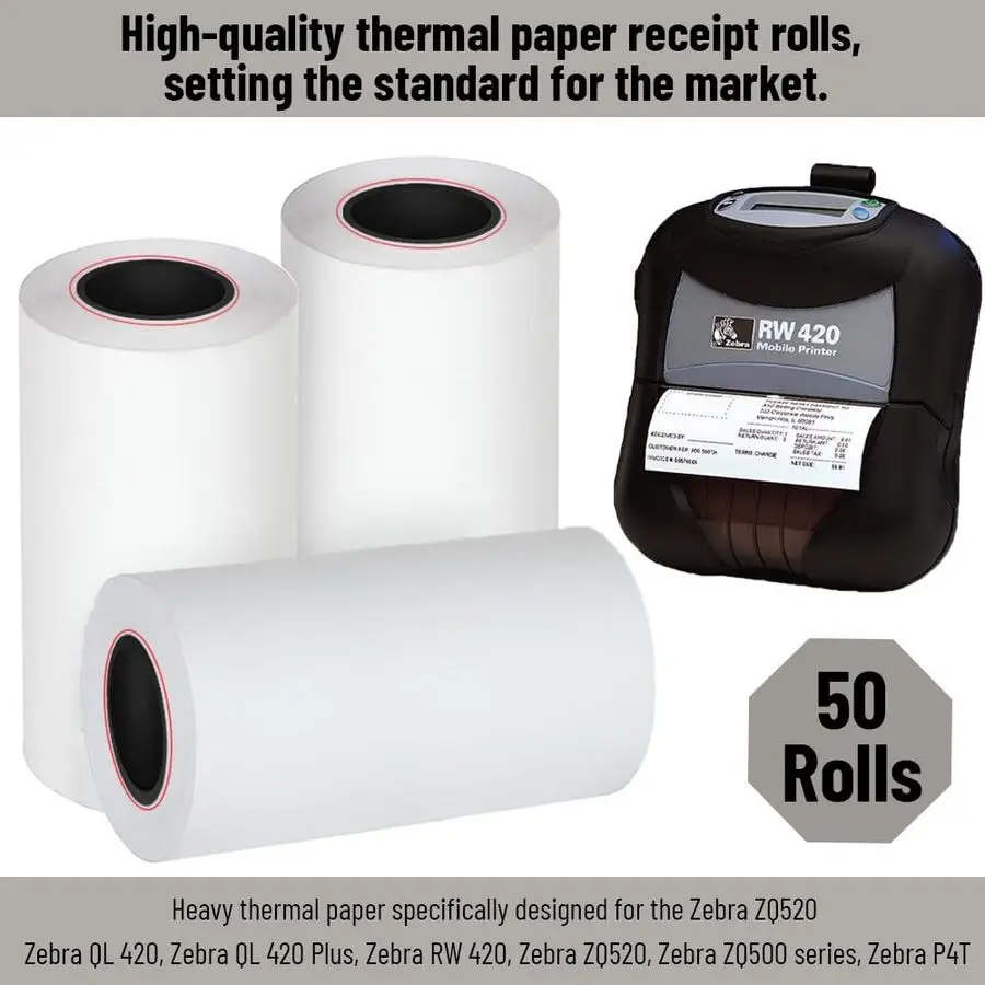 ゼブラプリンターZQ520、QL420、RW420、ZQ500、P4T対応プリンター用紙ロール、80フィートの感熱レシート用紙、50ロール、ラボ用ではありません