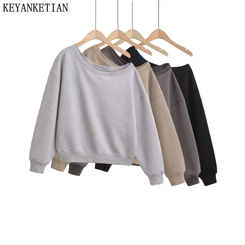 

KEYANKETIAN 2024 Autumn New Women's Sloping neck Off-shoulder Hoodie Y2K Sexy Loose Cropped Asymmetrical Pullover Sweatshirts