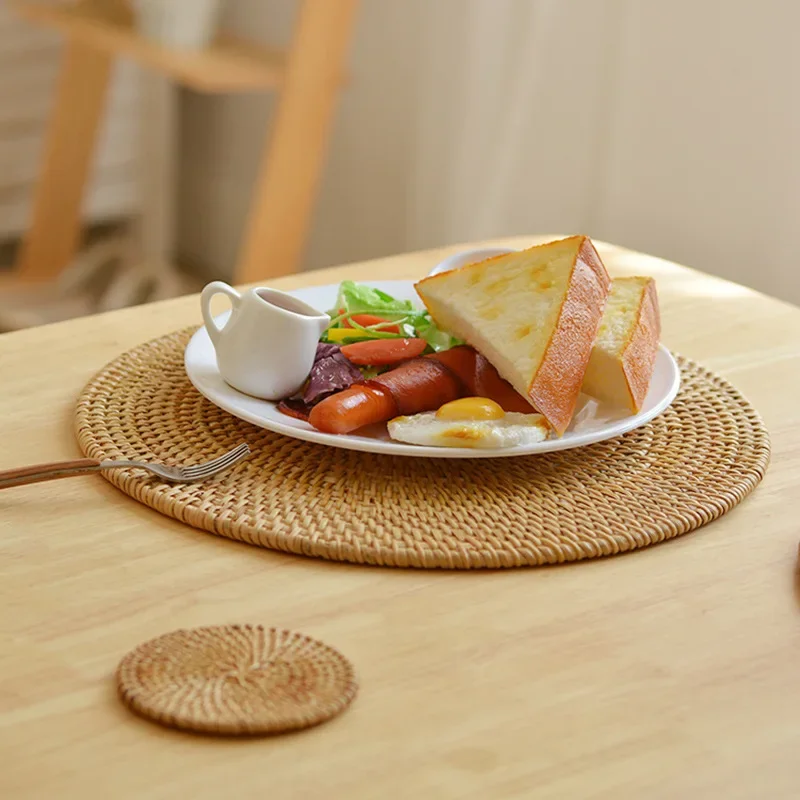 Handwoven Rattan Coaster 1PC/6PC Round Natural Woven Rattan Cup Coaster Drink Mug Pot Tea Coffee Placemat Kitchen Accessories