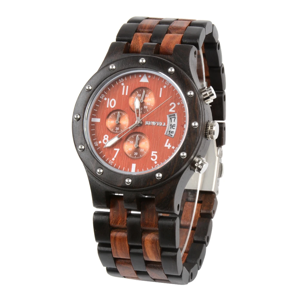 

Sport Style Wooden Men Quartz Wristwatch Analog Movement Stopwatch Luminous Date Sub Dials Watch