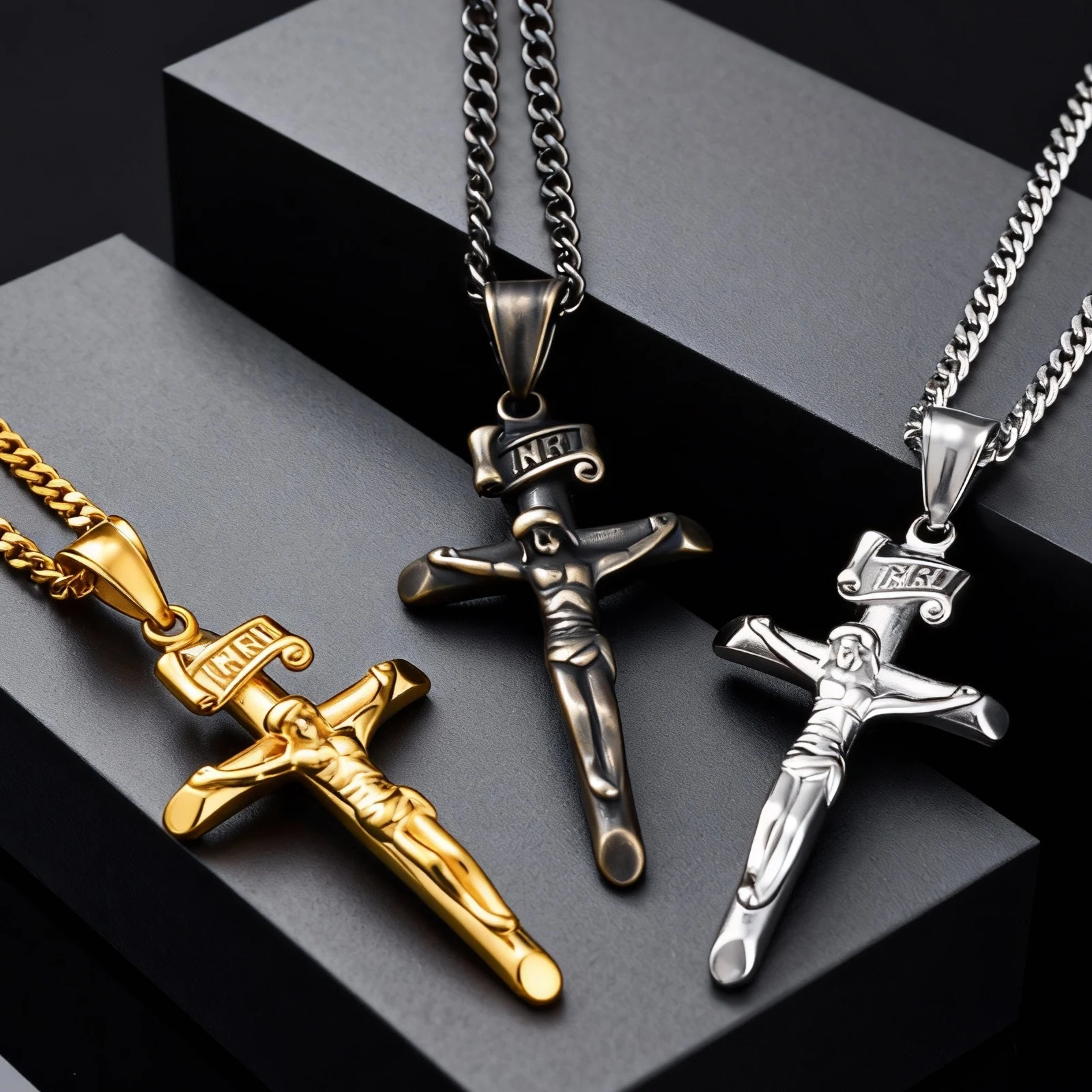 Wasserdichte katholische Kreuz-Halskette für Männer, Kruzifix-Anhänger aus Edelstahl mit 60 cm kubanischer Kette, religiöses Schmuckgeschenk – Detail 1