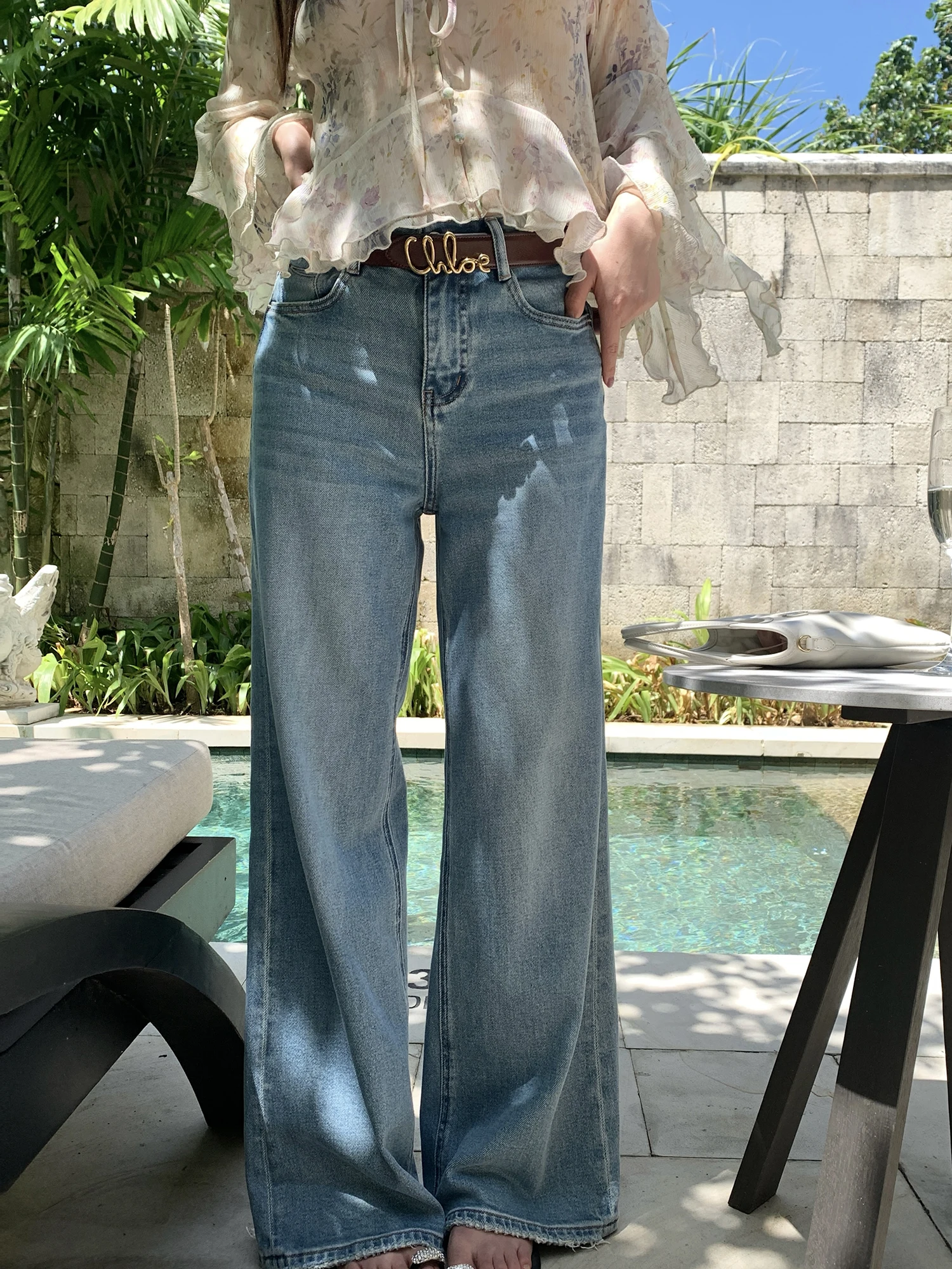 

AHY High Waist Straight Leg Denim Jeans Women's Spring Fashion Classic Washed Blue Stretch Cotton Pants New Arrival