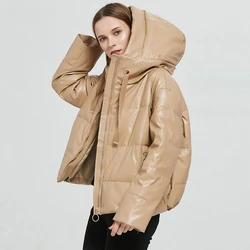 Simple Drawstring Hooded Faux Leather Puffer Jacket Women Thickened Warm PU Leather Parkas Loose-fit Casual Winter Quilted Coats