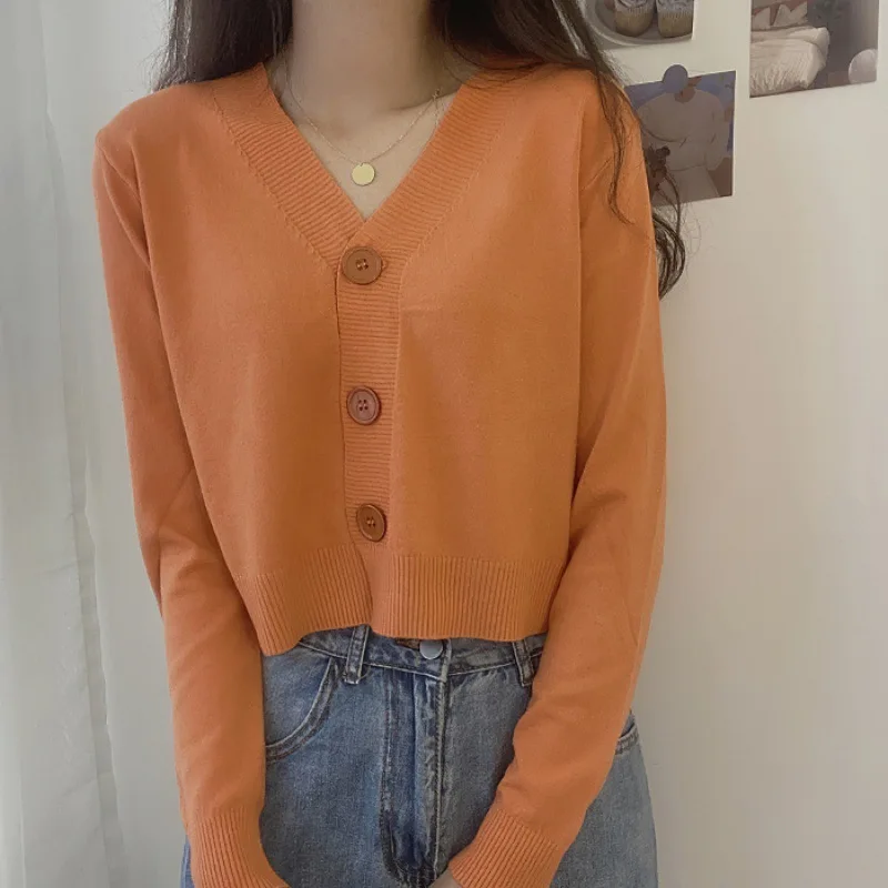 

Women's Long Sleeve Cropped Cardigan V Neck Solid Button Down Knit Трикотаж pull femme 봄가디건 여성 니트 여성봄옷