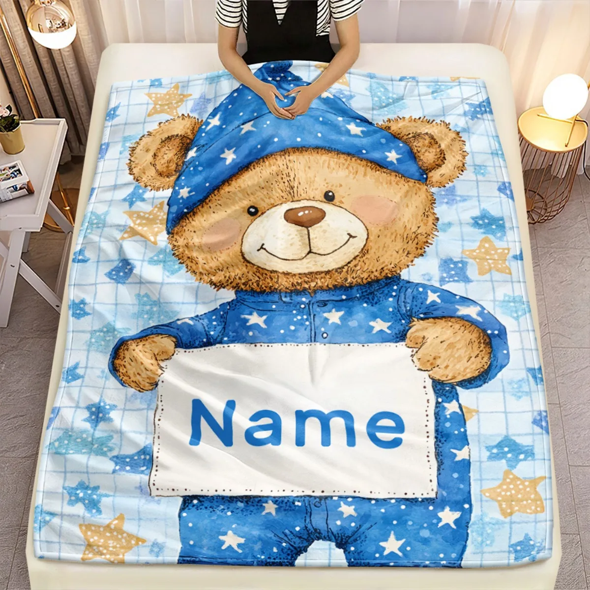 Custom Blue Bear Blanket Personalized Name Star Pajamas Fleece Throw Kids Gift Soft Warm All Season Decor